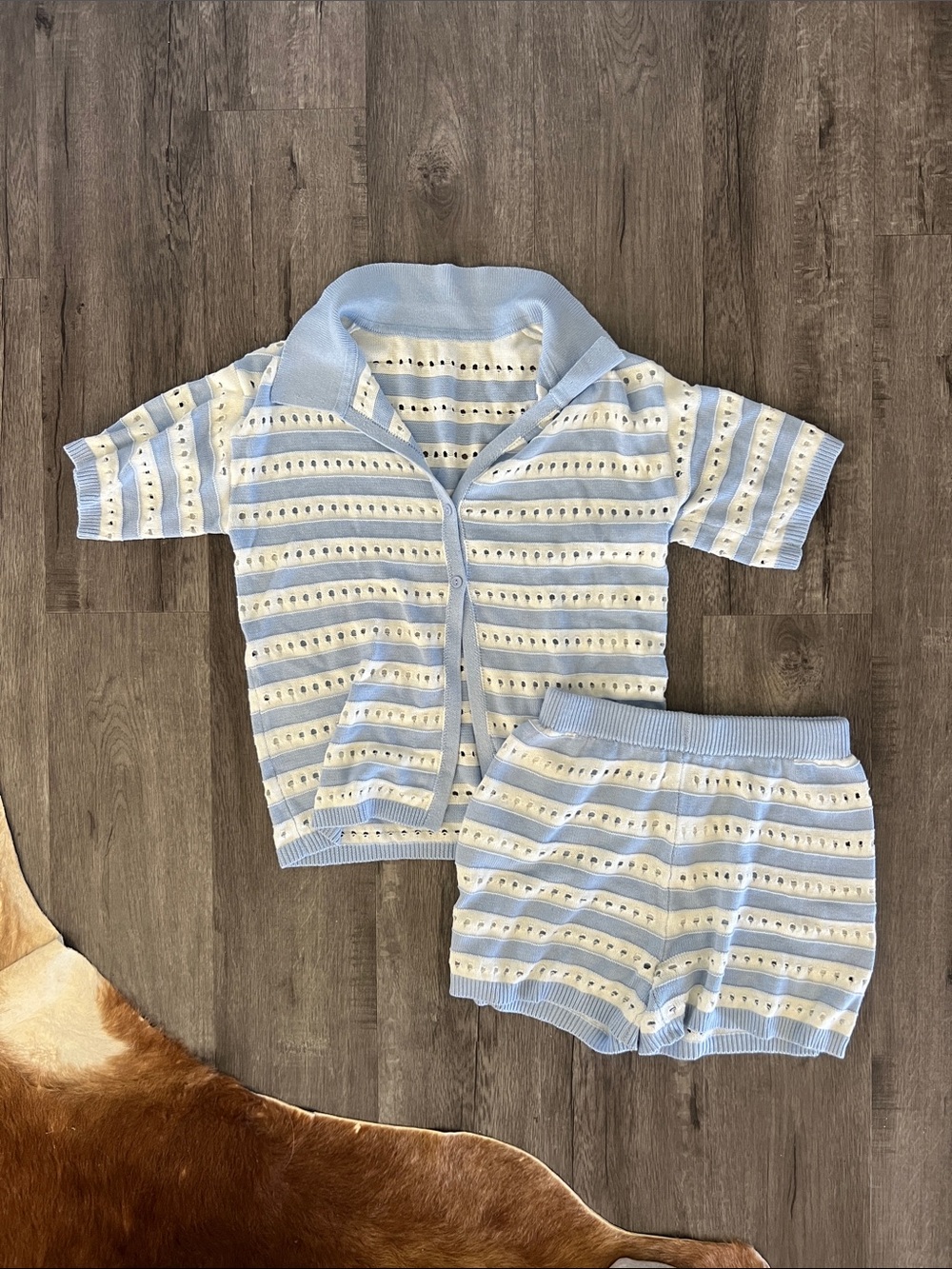 Striped Light Blue & White Knit Short Set